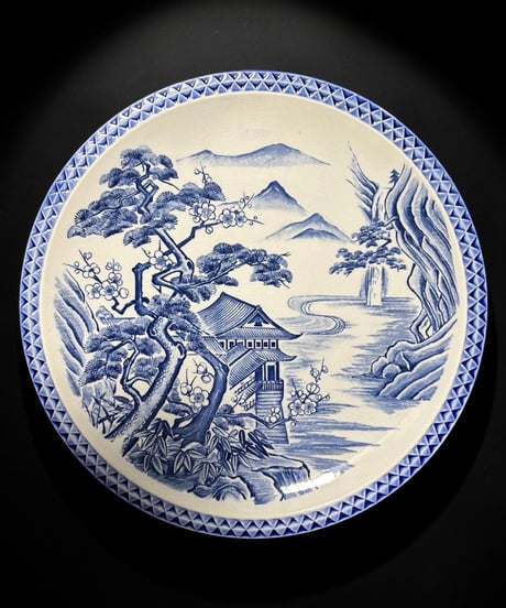 古伊万里 染付 絵皿 松竹梅山水風景図 大皿 青白磁 丸皿 プレート 盛り皿 飾皿 和食器 骨董品 アンティーク