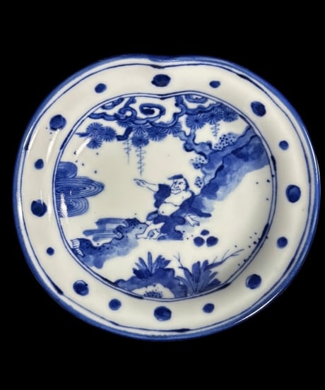 【5客セット】 美濃焼 翔山窯 染付 小皿 羅漢図 銘々皿 丸皿 和食器 陶器 古伊万里 時代物 骨董品 アンティーク
