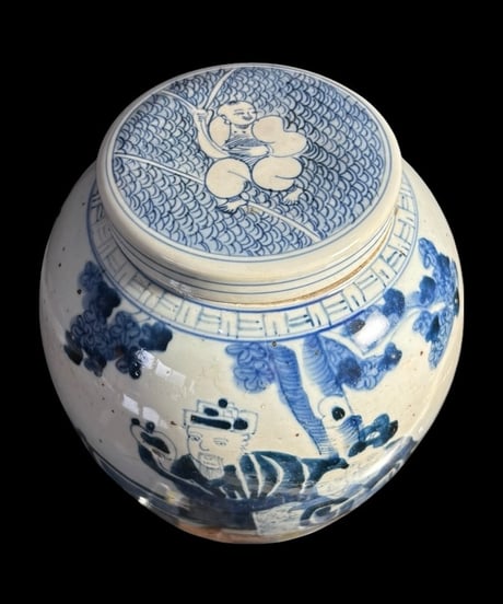 中国磁器 染付 蓋付き壺 青花人物文図 花入れ 花器 丸壺 陶器 中国 古美術 骨董品 アンティーク