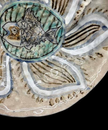 蔵出し 手描き 魚文 丸皿 飾皿 焼物 陶芸 時代物 和食器 作家物 骨董品 アンティーク