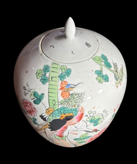 中国磁器 色絵 蓋付き壺 雉草花文図 民国 花瓶 花入れ 鶴 牡丹 花器 丸壺 ジャー 陶器 中国 古美術 骨董品 アンティーク