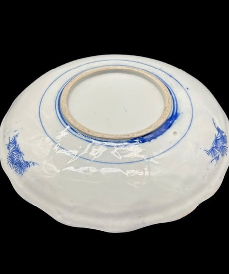 【2枚セット】 明治後期 銅版 染付 浦島太郎 輪花皿 印判 時代物 陶器 骨董品 アンティーク