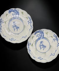 【2枚セット】 明治期 古伊万里 染付 梅 麒麟 大皿 伊万里 時代物 陶器 骨董品 アンティーク