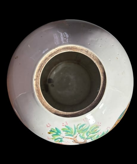 中国磁器 色絵 蓋付き壺 鳥草花文図 民国 花瓶 花入れ 孔雀 牡丹 花器 丸壺 ジャー 陶器 中国 古美術 骨董品 アンティーク