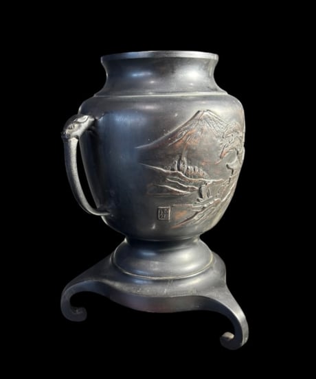 銅製 薄端 双耳 花瓶 山水風景図 花入れ 花器 工芸品 陶器 インテリア 骨董品 アンティーク