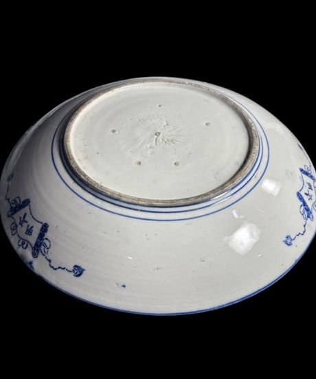 大正期 古伊万里 印判皿 染付 松竹梅草花文図 大皿 丸皿 平皿 飾皿 和食器 時代物 骨董品 アンティーク