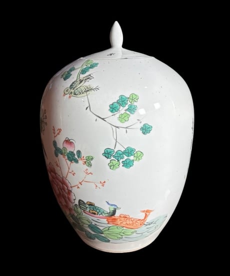 中国磁器 色絵 蓋付き壺 雉草花文図 民国 花瓶 花入れ 鶴 牡丹 花器 丸壺 ジャー 陶器 中国 古美術 骨董品 アンティーク