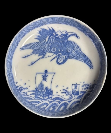 【9客セット】 古伊万里 印判 染付 鶴波宝船文 小皿 縁起物 丸皿 銘々皿 和食器 陶器 時代物 骨董品 アンティーク