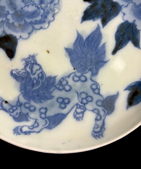 【5客セット】 大明誠化年製 印判 染付皿 獅子 牡丹 丸皿 古伊万里 平皿 和食器 陶器 時代物 骨董品 アンティーク