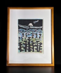 板画家 森 貘郎 富士 木版画 サイン入り 額装 風景 額 壁掛 絵画 雑貨 インテリア アンティーク コレクション