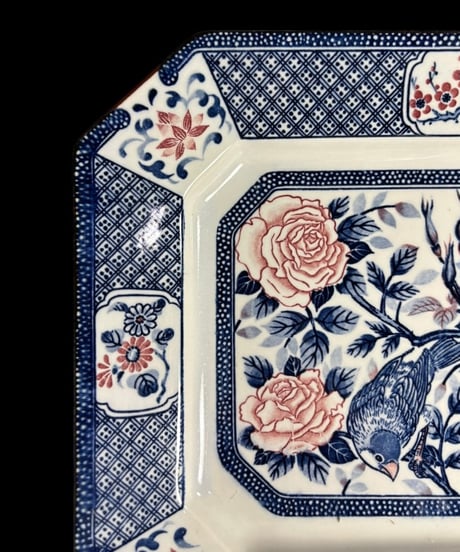 清水焼 俊山作 八角皿 花鳥文図 染錦 絵皿 古伊万里 角皿 飾皿 京焼 時代物 骨董品 アンティーク