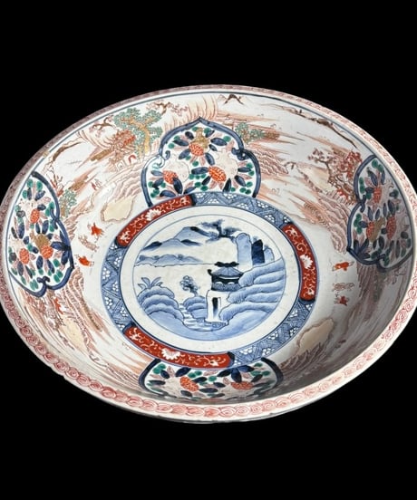 江戸期 古伊万里 大鉢 山水風景文図 錦手 色絵 鉢 取り皿 飾り皿 陶器 時代物 骨董品 アンティーク