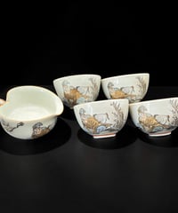 【5客セット】 九谷 加賀 湯冷まし 湯呑み 色絵 梅鶴仙人図 茶器 九谷焼 和食器 陶器 時代物 骨董品 アンティーク