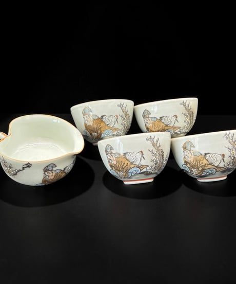 【5客セット】 九谷 加賀 湯冷まし 湯呑み 色絵 梅鶴仙人図 茶器 九谷焼 和食器 陶器 時代物 骨董品 アンティーク