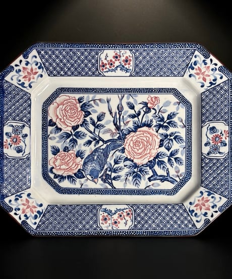 清水焼 俊山作 八角皿 花鳥文図 染錦 絵皿 古伊万里 角皿 飾皿 京焼 時代物 骨董品 アンティーク