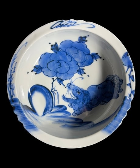 江戸後期 古伊万里 染付 盃洗 獅子牡丹図 深鉢 飾皿 陶器 時代物 骨董品 アンティーク
