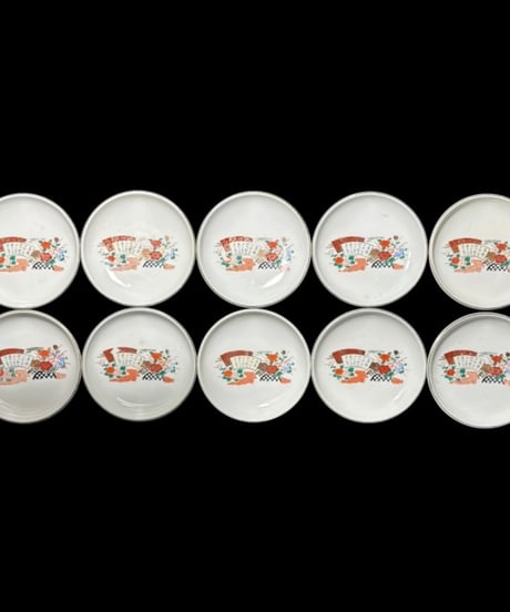 【10客セット】 有田焼 扇子草花文図 小皿 丸皿 塩皿 古伊万里 古美術 和食器 骨董品 アンティーク