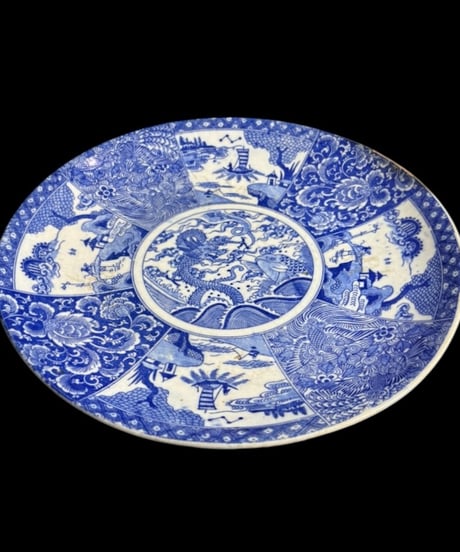 明治期 古伊万里 印判皿 染付 龍鯛風景草花文図 丸皿 大皿 飾皿 時代物 骨董品 アンティーク