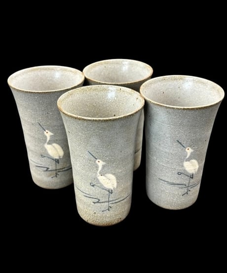 【4客セット】 橘吉 さぎ絵 陶コップ 鷺 時代物 湯呑み 酒器 和食器 陶器 骨董品 アンティーク