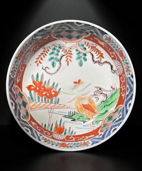 江戸期 古伊万里 色絵 大鉢 鳥蝶草花文図 金継ぎ 染錦 鉢 飾皿 和食器 陶器 時代物 骨董品 アンティーク