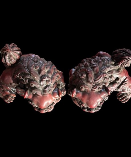 玉獅子 阿吽 玉乗り レッド 狛犬 魔除け 置物 コレクション オブジェ 古美術 骨董品 アンティーク