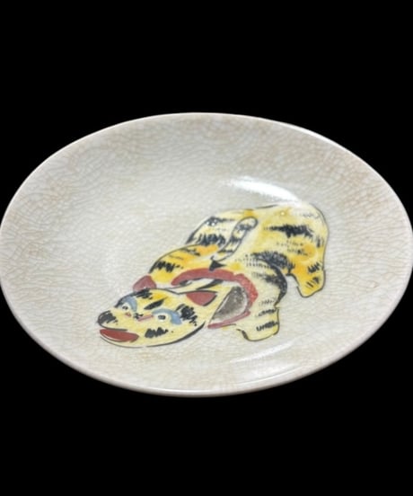 【5客セット】 時代物 虎 絵皿 手描き 寅 小皿 丸皿 飾皿 招福 作家物 古美術 和食器 骨董品 アンティーク