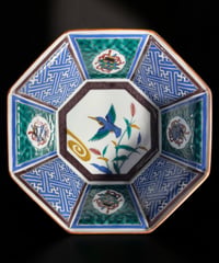 九谷 松月 八角鉢 鳥草花文図 大鉢 飾皿 伝統工芸品 和食器 古美術 九谷焼 和食器 骨董品 アンティーク