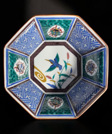 九谷 松月 八角鉢 鳥草花文図 大鉢 飾皿 伝統工芸品 和食器 古美術 九谷焼 和食器 骨董品 アンティーク