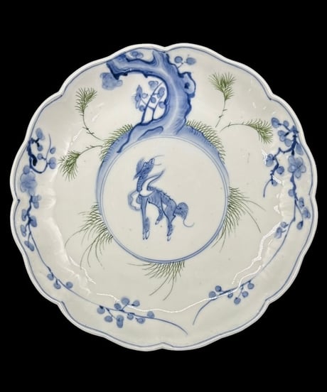 【2枚セット】 明治期 古伊万里 染付 梅 麒麟 大皿 伊万里 時代物 陶器 骨董品 アンティーク