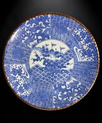 明治-大正 古伊万里 印判皿 染付 風景草花文図 イゲ皿 丸皿 平皿 飾皿 時代物 骨董品 アンティーク
