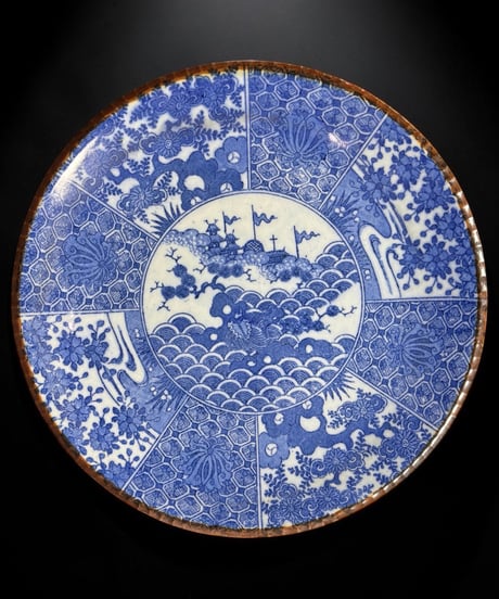 明治-大正 古伊万里 印判皿 染付 風景草花文図 イゲ皿 丸皿 平皿 飾皿 時代物 骨董品 アンティーク