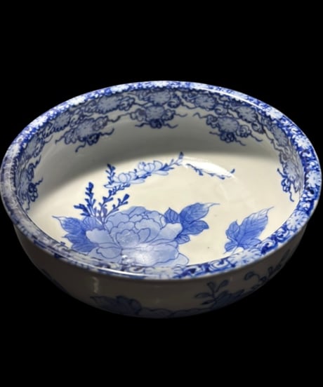江戸後期 古伊万里 染付 大鉢 牡丹草花文図 丸鉢 盛り鉢 飾皿 古美術 時代物 和食器 骨董品 アンティーク