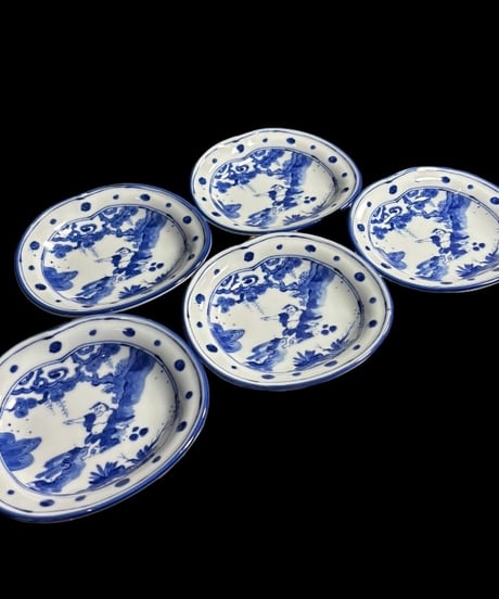 【5客セット】 美濃焼 翔山窯 染付 小皿 羅漢図 銘々皿 丸皿 和食器 陶器 古伊万里 時代物 骨董品 アンティーク