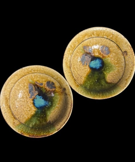 【2客セット】 明治期 黄瀬戸 織部 釉薬 菓子器 小鉢 茶道具 和食器 陶芸 時代物 骨董品 アンティーク
