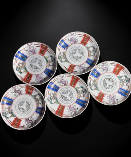 【5客セット】明治期 古伊万里 金彩 色絵 丸皿 松竹梅 時代物 和食器 陶芸 骨董品 アンティーク