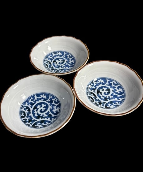 【3客セット】美濃焼 藍染 蛸唐草 小皿 染付 丸皿 銘々皿 時代物 和食器 陶芸 骨董品 アンティーク