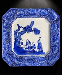 明治期 古伊万里 印判手 八角皿 牡丹 唐子風景図 染付 絵皿 角皿 飾皿 伊万里 時代物 和食器 骨董品 アンティーク