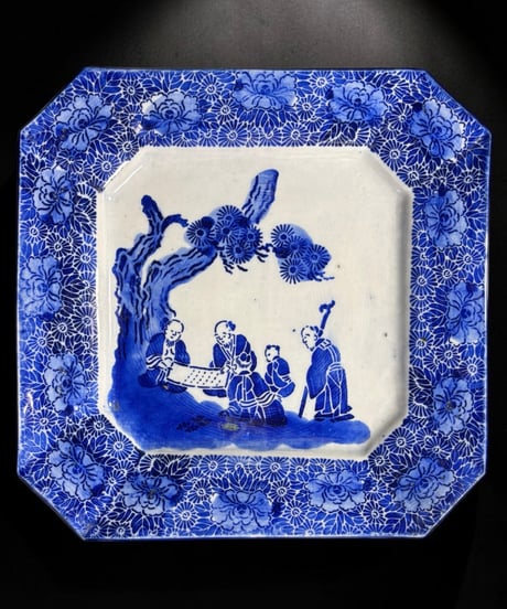 明治期 古伊万里 印判手 八角皿 牡丹 唐子風景図 染付 絵皿 角皿 飾皿 伊万里 時代物 和食器 骨董品 アンティーク