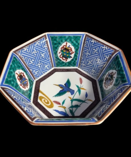 九谷 松月 八角鉢 鳥草花文図 大鉢 飾皿 伝統工芸品 和食器 古美術 九谷焼 和食器 骨董品 アンティーク