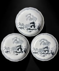 【3客セット】明治-大正 古伊万里 黒染付 印判 楼閣山水図 小皿 丸皿 古美術 和食器 時代物 骨董品 アンティーク