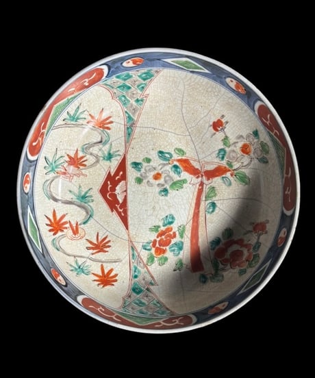 江戸後期 古伊万里 大鉢 兎蝶草花文図 染錦 色絵 鉢 貫入 取り皿 飾り皿 陶器 時代物 骨董品 アンティーク