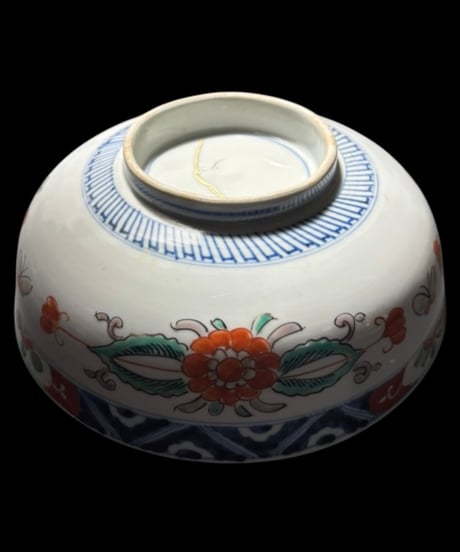 江戸期 古伊万里 色絵 大鉢 鳥蝶草花文図 金継ぎ 染錦 鉢 飾皿 和食器 陶器 時代物 骨董品 アンティーク
