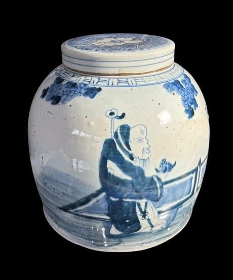 中国磁器 染付 蓋付き壺 青花人物文図 花入れ 花器 丸壺 陶器 中国 古美術 骨董品 アンティーク