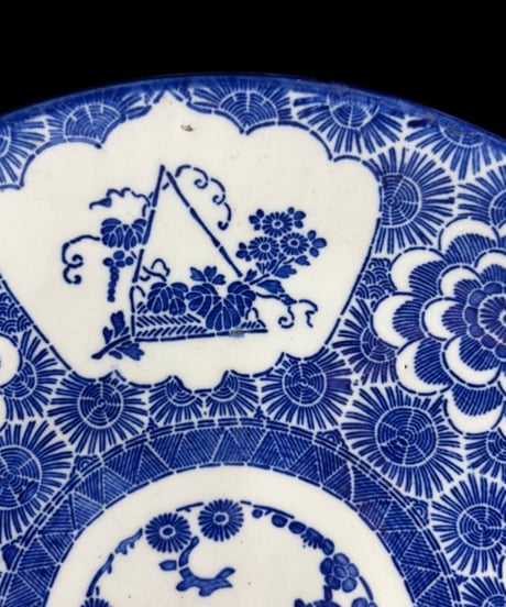 大正期 古伊万里 印判皿 染付 松竹梅草花文図 大皿 丸皿 平皿 飾皿 和食器 時代物 骨董品 アンティーク