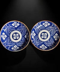 【2客セット】昭和初期 古伊万里 印判手 染付 草花文様 小皿 丸皿 古美術 和食器 時代物 骨董品 アンティーク