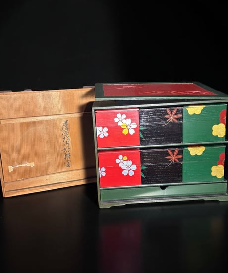 薩摩 二段重 漆塗 色絵 金彩 紅葉 梅 重箱 共箱 時代物 古美術 和食器 昭和 レトロ 骨董品 アンティーク