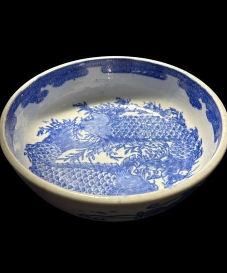守本製造 古伊万里 染付 大鉢 鯉草文様 印判 盛り皿 鉢 飾皿 古伊万里 古美術 時代物 和食器 骨董品 アンティーク