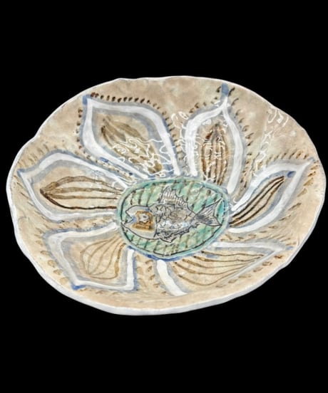 蔵出し 手描き 魚文 丸皿 飾皿 焼物 陶芸 時代物 和食器 作家物 骨董品 アンティーク