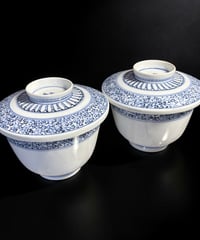 【2客セット】 平戸焼 平戸嘉祥 染付 茶碗蒸し椀 獅子 唐草文図 蓋付き椀 茶碗 汁椀 和食器 陶器 骨董品 アンティーク