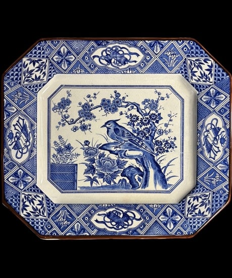 古伊万里 印判 八角皿 鳥梅草花文図 縁起物 藍染 絵皿 角皿 飾皿 時代物 骨董品 アンティーク